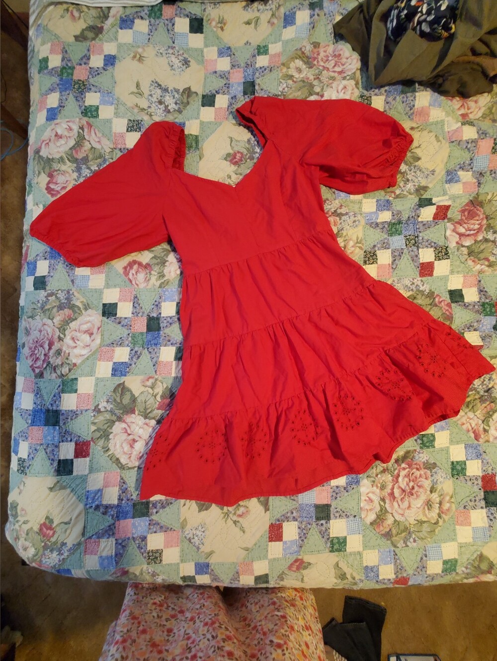 Red mini dress tiered skirt puff sleeves
